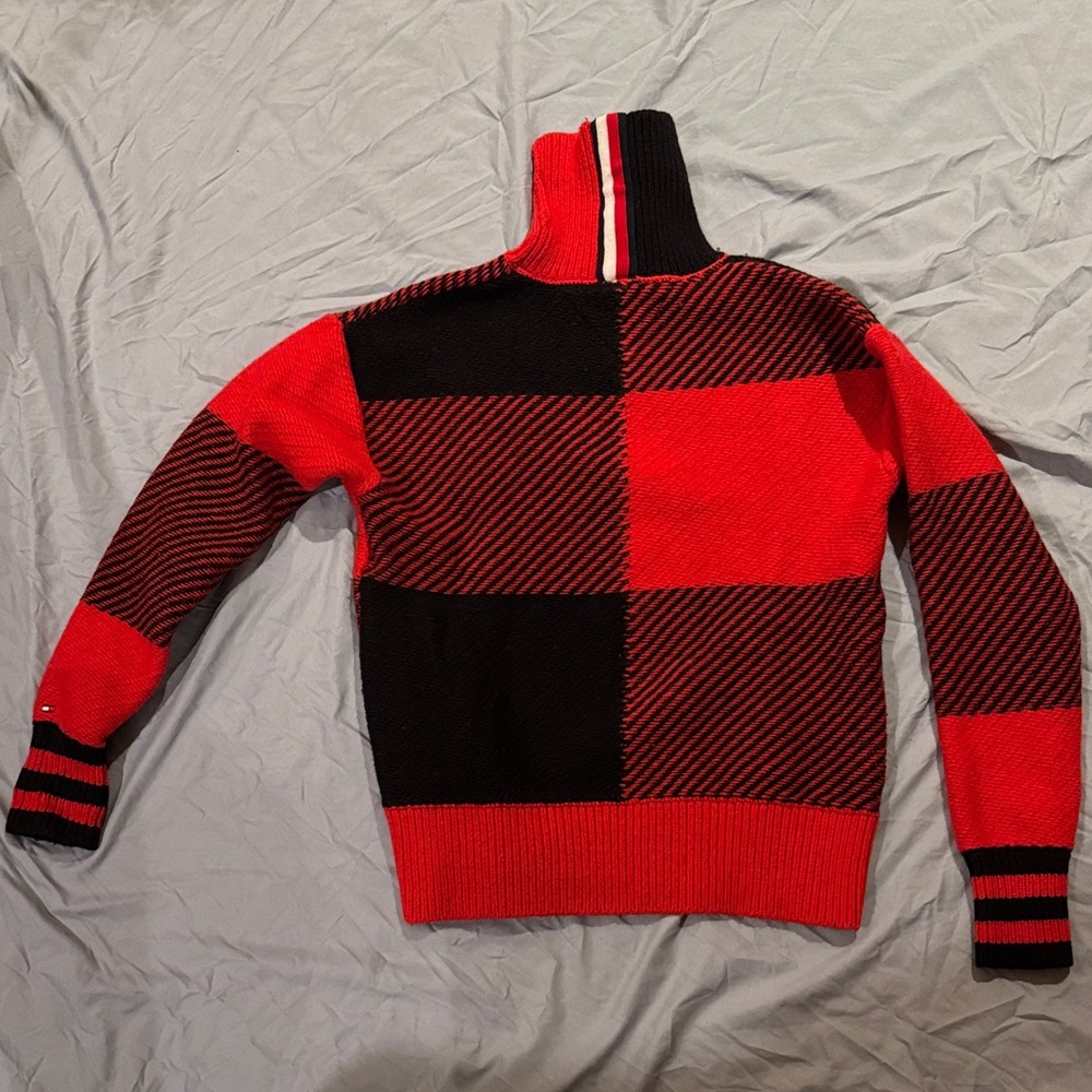 Tommy Hilfiger Red and Black V-Neck Sweater